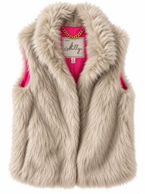 Milly Ivory Faux Fur Vest Sz 2 Gold Chain Pink Lining Made in USA